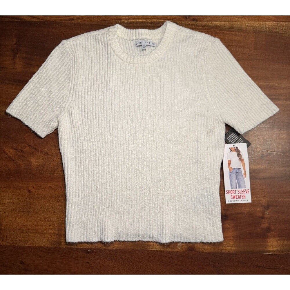 Celebrity Pink NWT Short Sleeve Sweater Size XL Whisper White Ribbed Knit Top